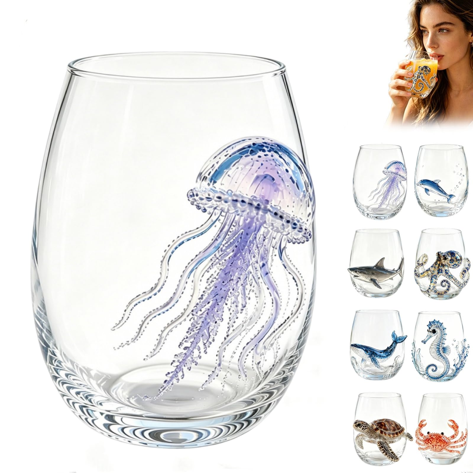Artisanal Blue Ringed Octopus Glassware, 3D Unique Octopus Stemless Wine Glass, Handmade Ocean Animals Drinking Glasses, Coastal Home Bar Decor Gift for Ocean Lovers (3D-Jellyfish
