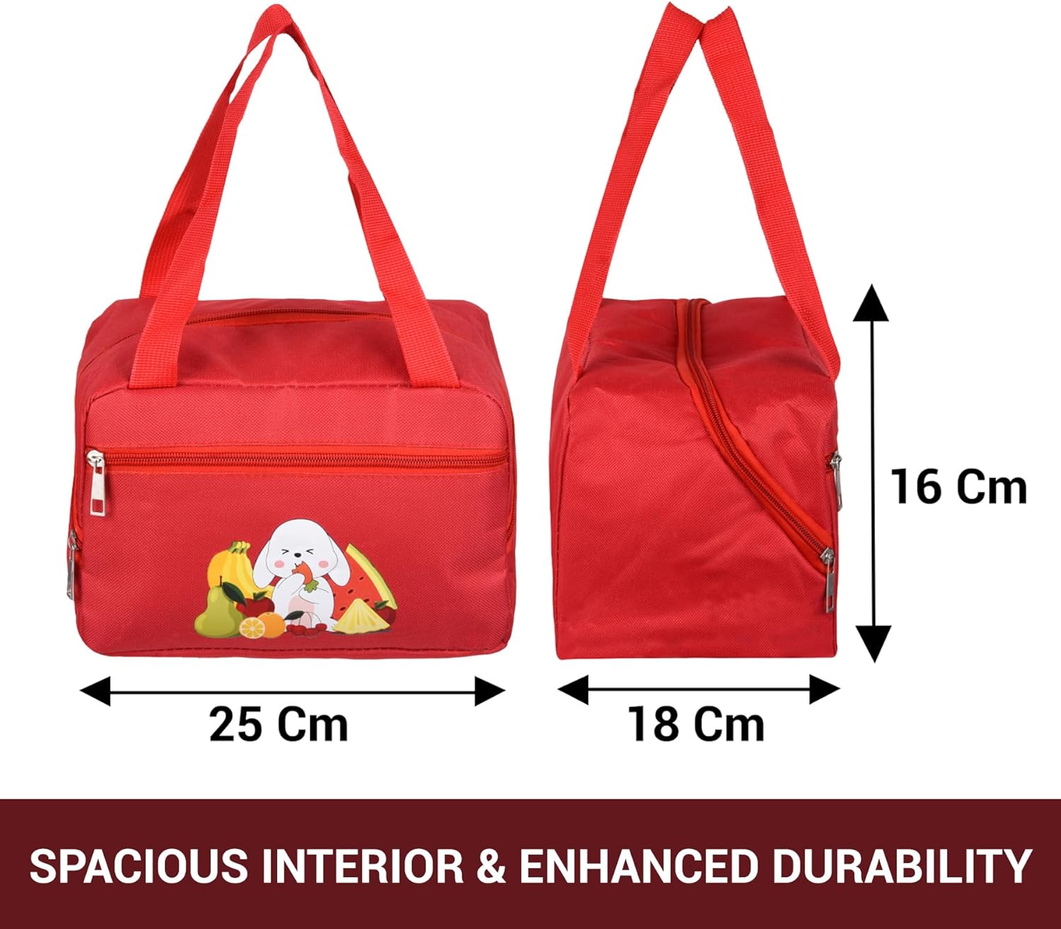 Kuber Industries Lunch Bag | Thermal Insulated Lunch Bag | Lunch Bag for Office | Lunch Bag for Camping with Front Pocket | Waterproof Tiffin Cover with Handle | Fruit Rabbit-Print | Red