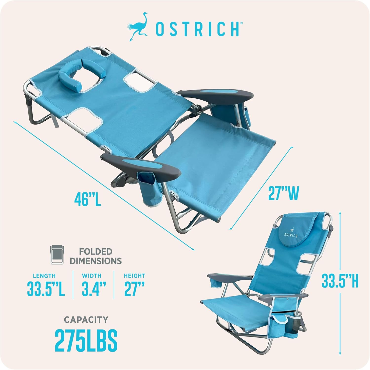 Ostrich The Deluxe Backpacker, Portable Beach Chair with Cooler Bag, Carry Straps, Umbrella Carry System, Cup Holder, & 275lb Capacity, Light Blue