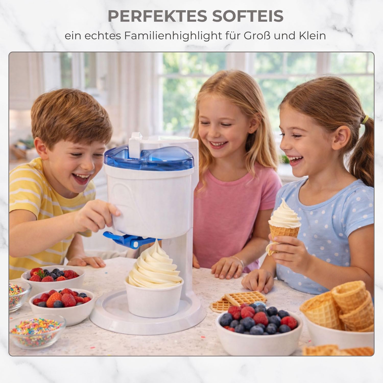 Gino Gelati Softeismaschine | Eismaschine für Zuhause | 1L Kapzität | schnelle Zubereitung ca. 20 Min | einfache Bedienung | ohne Kompressor | Blau/Weiß