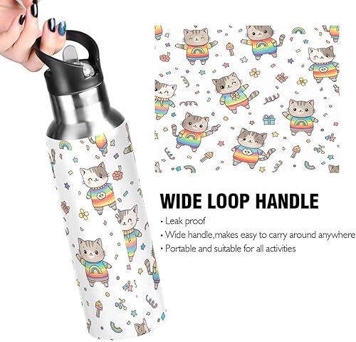 Miniatura 4 de Cute Cartoon Cats Rainbow Insulated Stainless Steel Water Bottle with Straw 20 Oz, BPA-Free Sports Water Bottle with Straw Leakproof Water Bottles