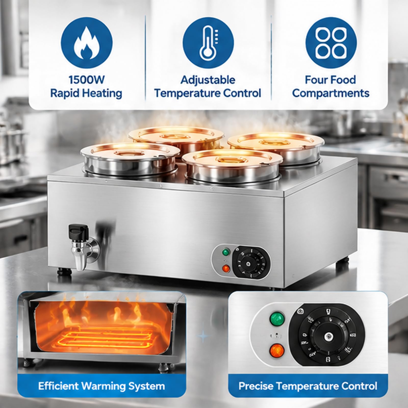 Chauffe-aliments commercial 4L, température réglable 30-85°C