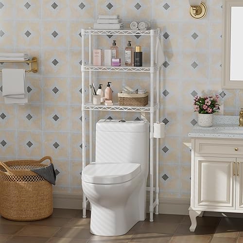 Miniatura 2 de Estante organizador de baño de metal independiente ajustable de 3 niveles con soporte para papel higiénico y ganchos, ahorro de espacio para baños