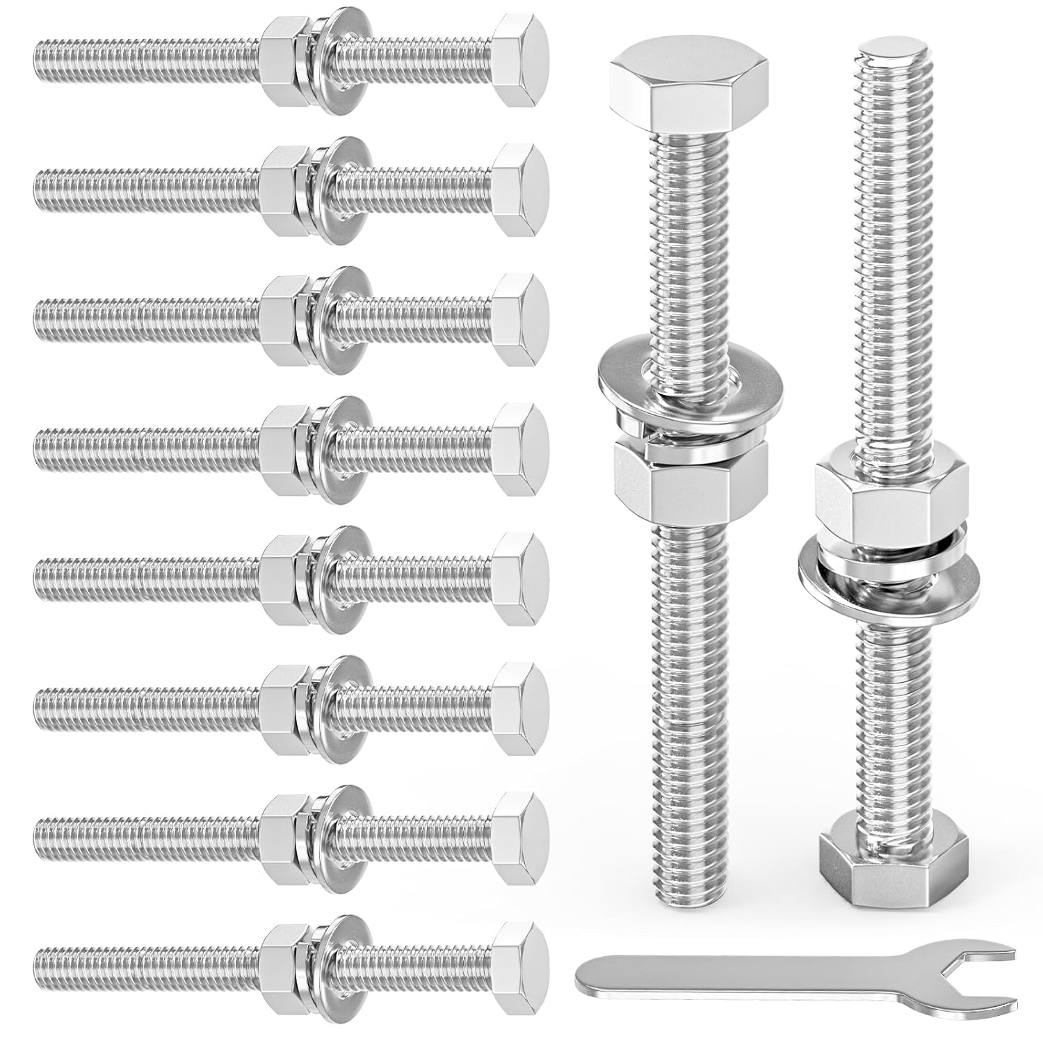 10PCS 3/8-16" x 5" 304 Stainless Steel Fully Threads Bolt, Hex Head Bolts with Nut Spacer and Spanner