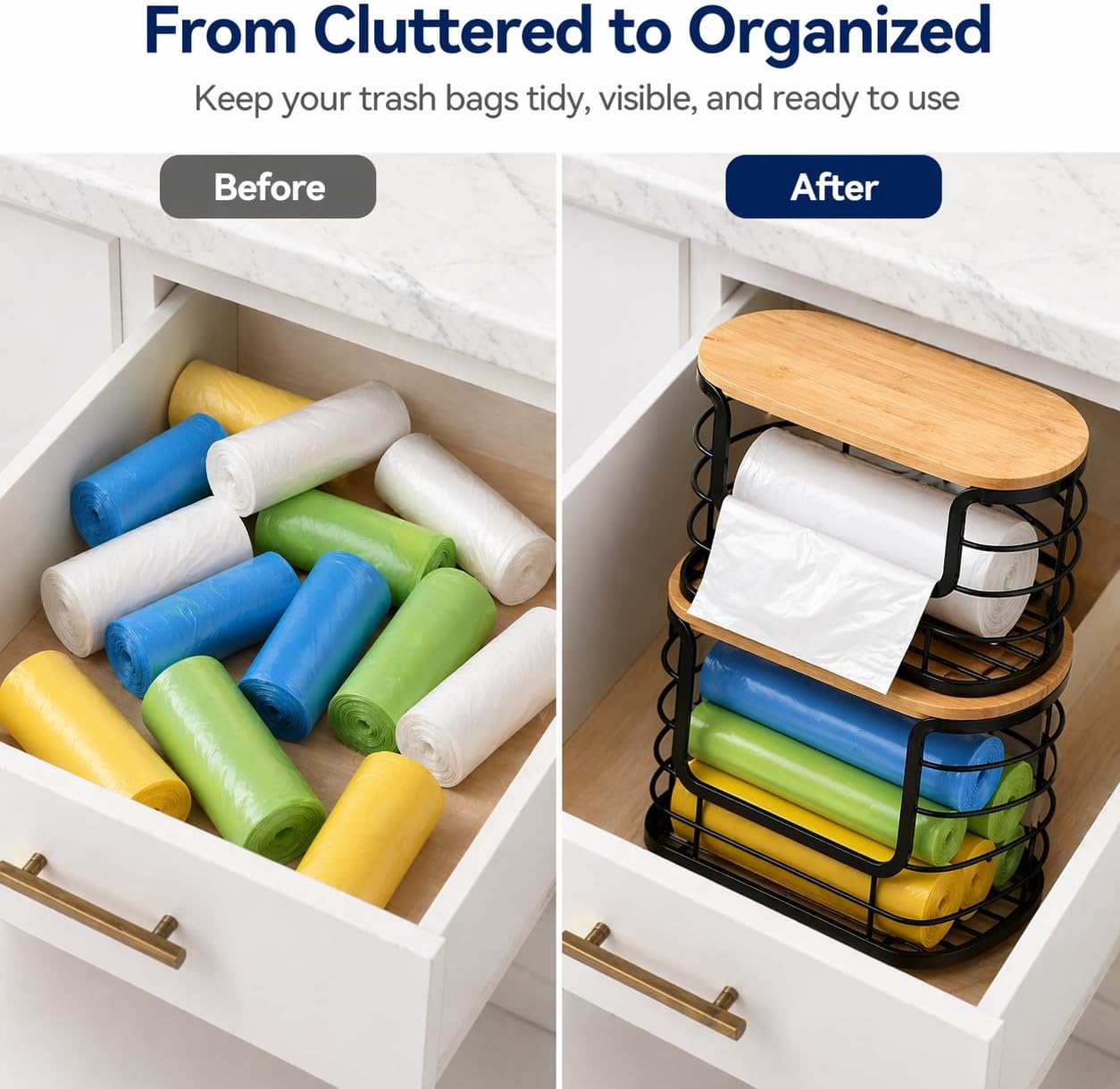 REFGY 2-Pack Multi-Purpose Trash Bag Holder & Stackable Kitchen Storage Organization Bins (11.02" x 6.69"), Protective Wire Basket with Natural Fiber Top, Versatile Garbage Bag Dispenser Under Sink