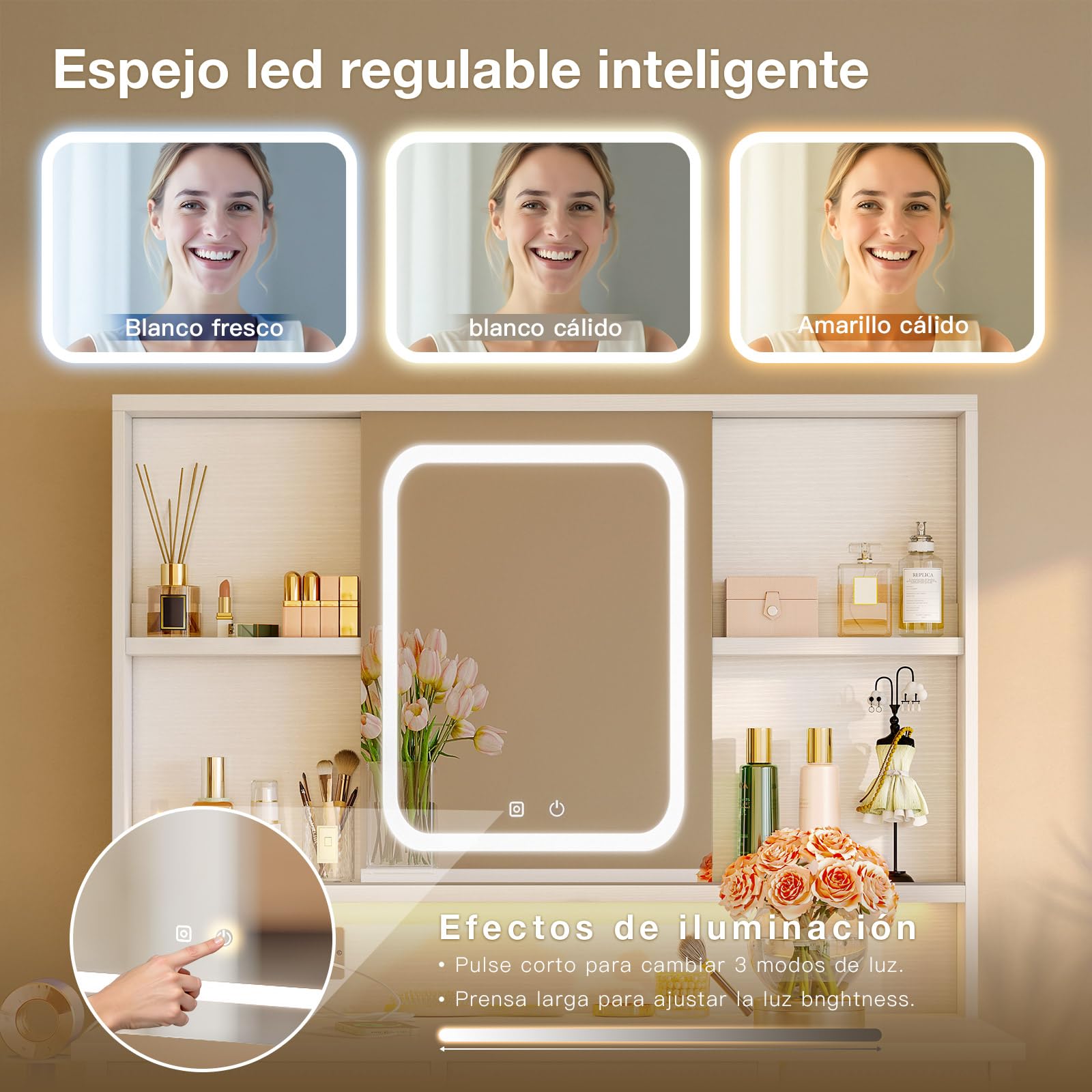 ODK Tocador con Espejo LED Ajustable, Enchufes USB Integrados y Tira de Luz RGB – Mesa de Tocador con 5 Cajones de Tela y Estantes de 3 Niveles – Tocador Blanco 90×40×139 cm