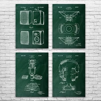 Music Studio Patent Posters Set of 4 18x24, DJ Gifts, Recording Studio Art, Audio Tech Gift, Speaker Art Print, Speaker Decor Green Chalkboard