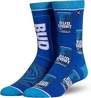 Cool Socks – Bud Light Split Crew Socks – Size Large for Men & Women – Classic Beer Label Graphic – Comfy Cotton Blend – Gift for Lager Fans