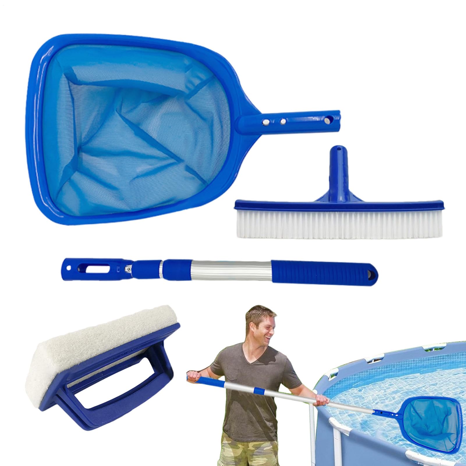 4 Kit De Nettoyage De Piscine, Filet De NettoyageDe Piscine avec Poteau Réglable, Épuisette DePiscine, Brosse De Nettoyage DePiscine, Accessoires pour Nettoyer Les bassins de Jardin