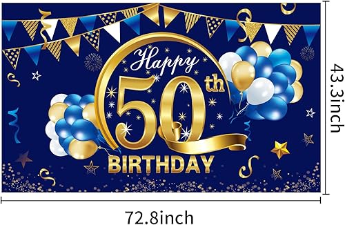 Miniatura 8 de Kauayurk Cartel de feliz cumpleaños 90 para hombres, decoración de fondo azul dorado 90, suministros de fiesta de fondo de fotos de un año,