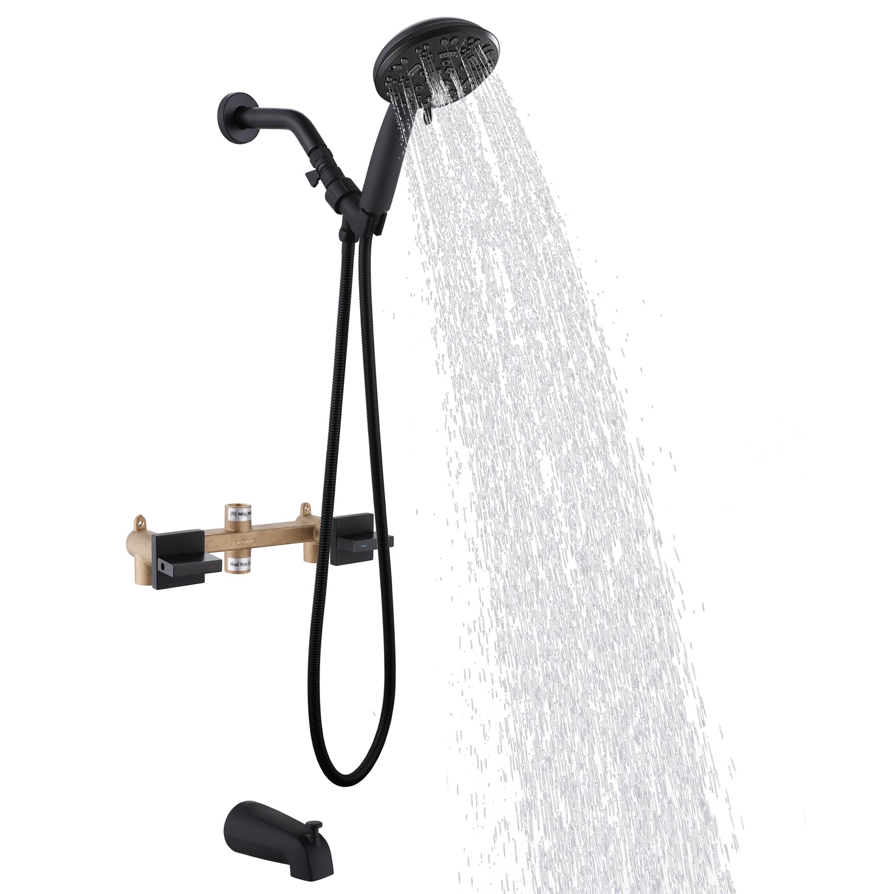 Kit per vasca da doccia a 2 maniglie, Gruppo Doccia Bagno Completo con Soffione a 8 Impostazioni e Beccuccio per Vasca, Nero Opaco