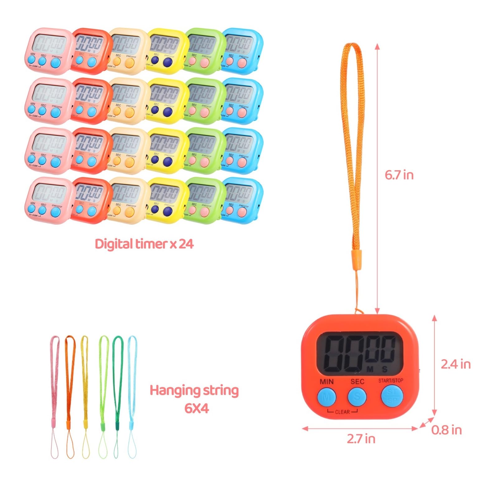 Digitaler Timer für Klassenzimmer und Küche, Metall-Timer mit Ein- und Ausschalter, Minuten-Sekunden-Countdown, großes LCD-Display, lauter Alarm für Training, Kochen, Backen, Lehrer, 24 Stück