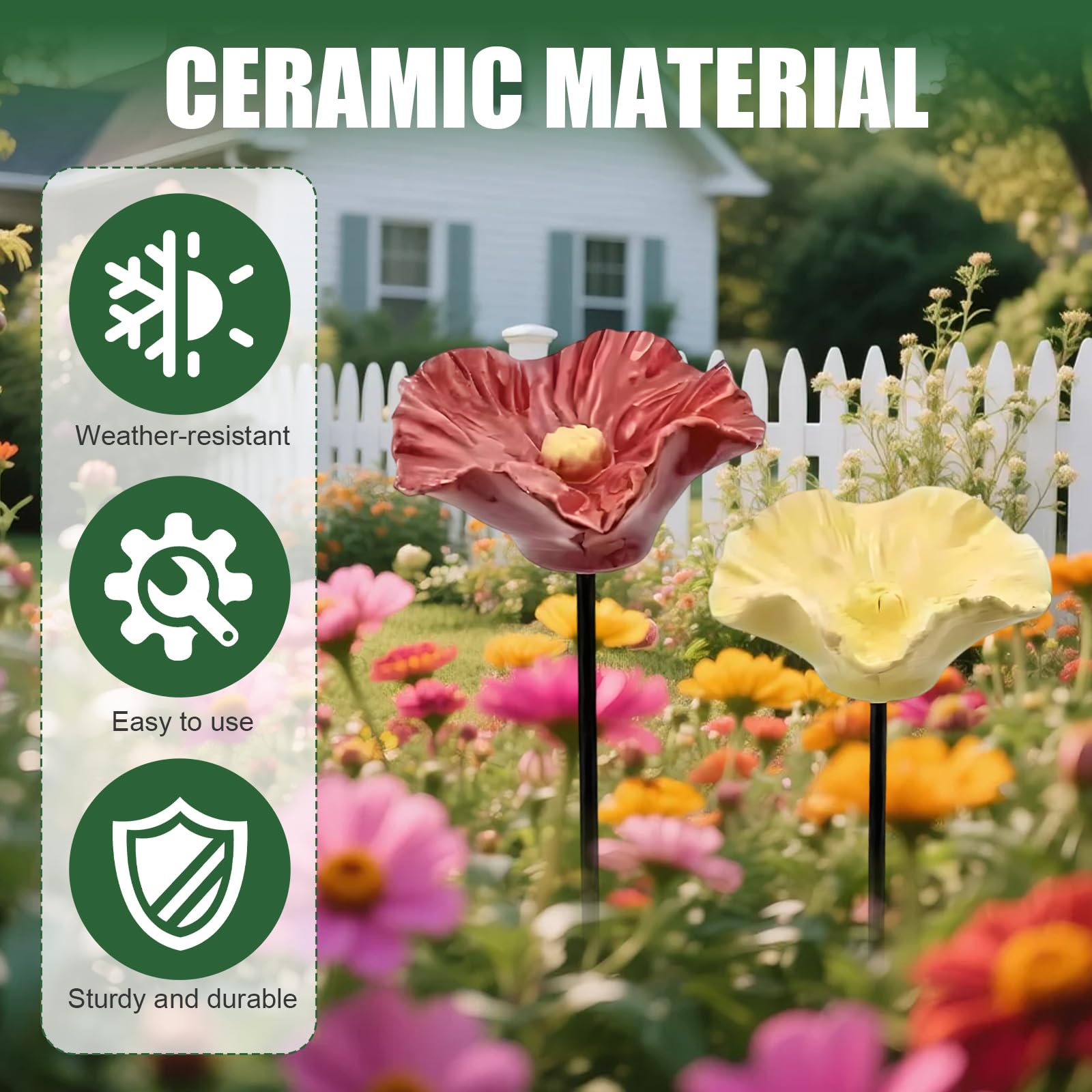 Keramik Vogeltränke Blumenform, 4er-Set mit Erdspieß, wetterfest & frostsicher, Vogelbad & Insektenwasserstelle für Bienen, Insekten und Vögel, Gartendekoration für Garten, Beet & Balkon (8er-Set)