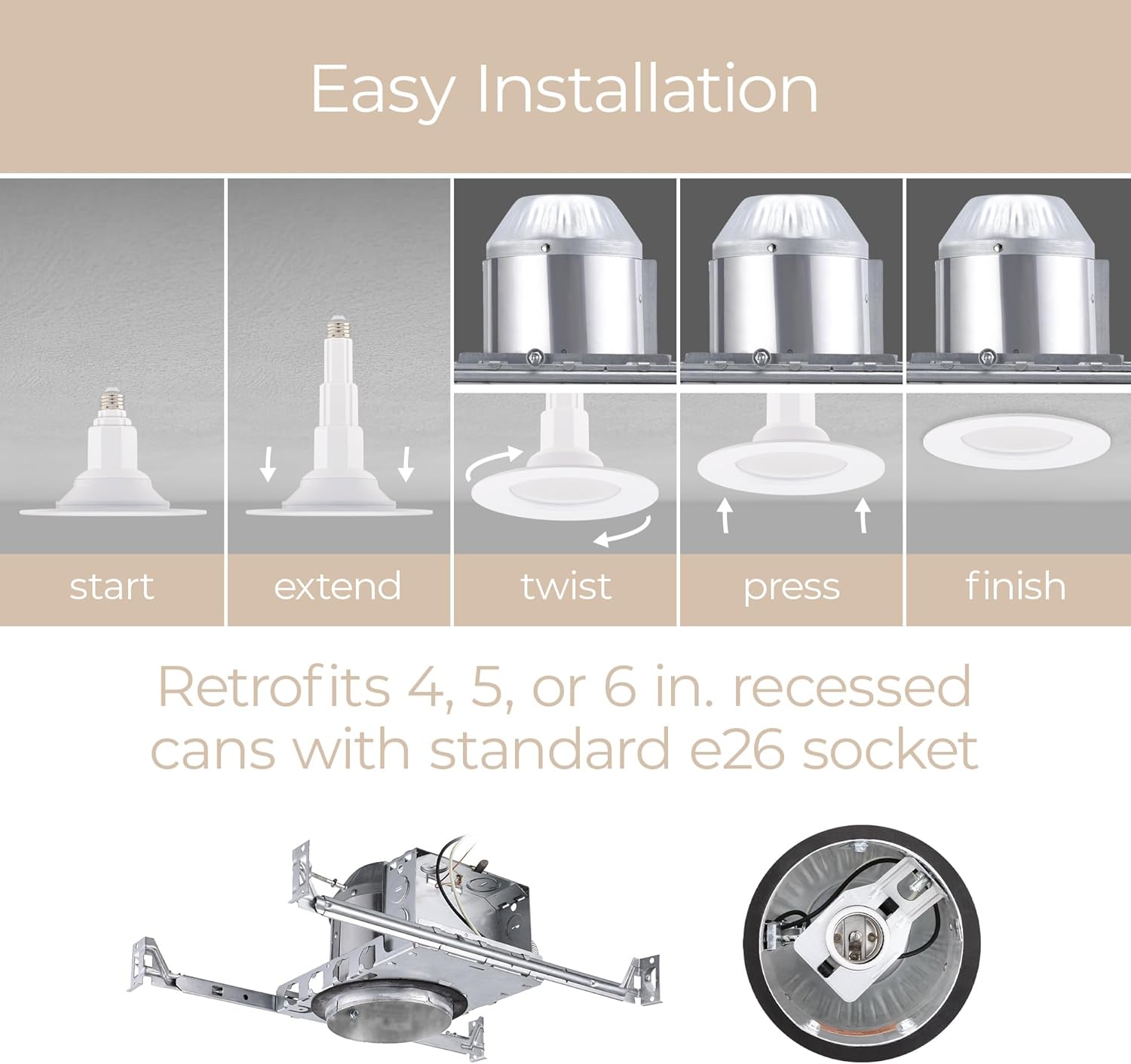 Just Screw Me in 6in LED Recessed Retrofit Light for E26 or Medium Base 4, 5, or 6 Inch Recessed Cans with Telescoping Neck and 5-CCT 2700-3000-3500-4000-5000K in White (Pack of 4)