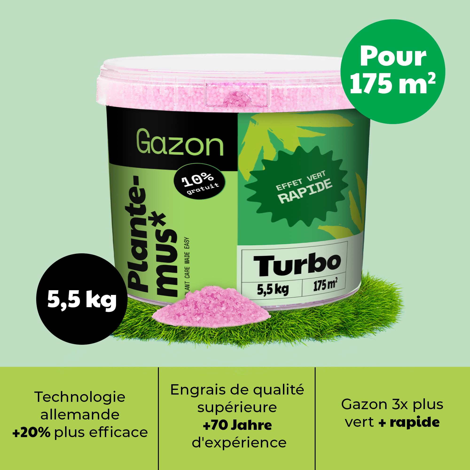 PLANTEMUS Engrais pour Gazon Effet Vert Turbo pour 175 m² | Microcristaux Ultrasolubles | Vert Intense en 7-9 Jours | Engrais Azoté - Technologie Allemande 5.5 kg