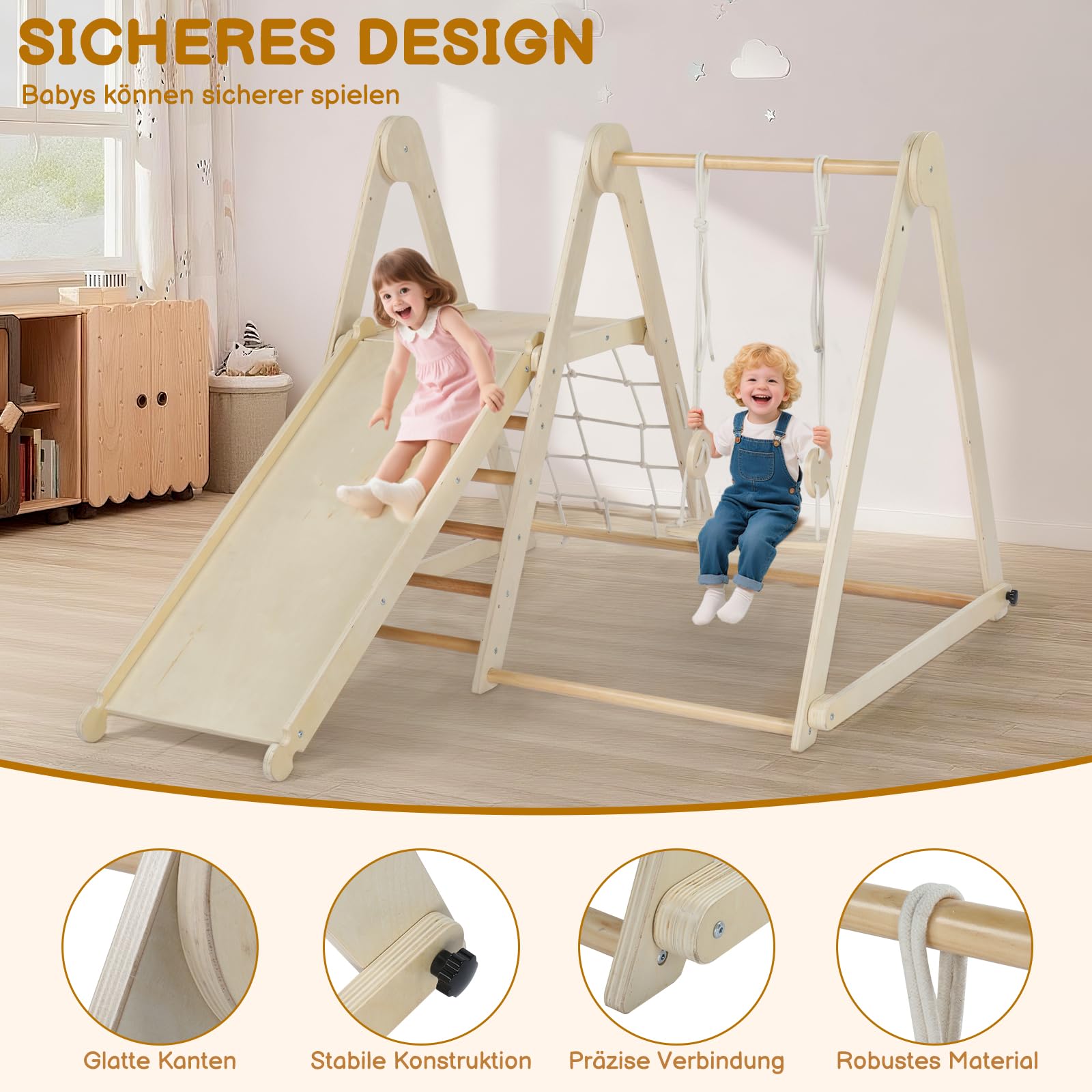 LEADZM Struttura pieghevole 7 in 1 con altalena regolabile e tenda, in legno con rete, scala e pietre colorate
