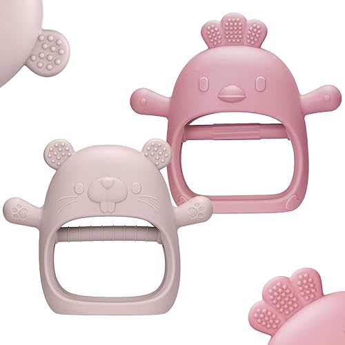 Paquete de 2 manoplas de dentición de silicona para bebés a partir de 3 meses, nunca se caen y son fáciles de sostener los mordedores, ayuda a