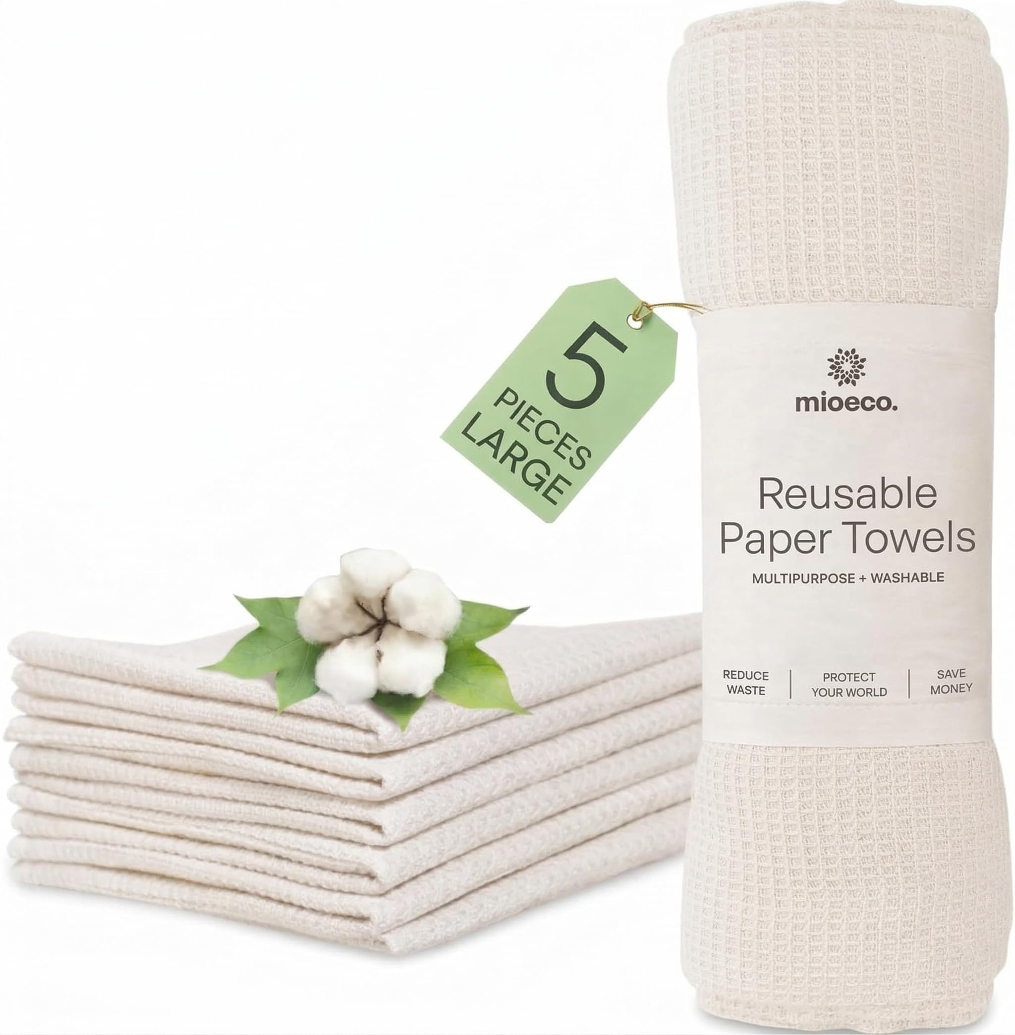 mioeco 5 Pack Reusable Kitchen Paper Towels, Large Size Cotton Dish Cloths