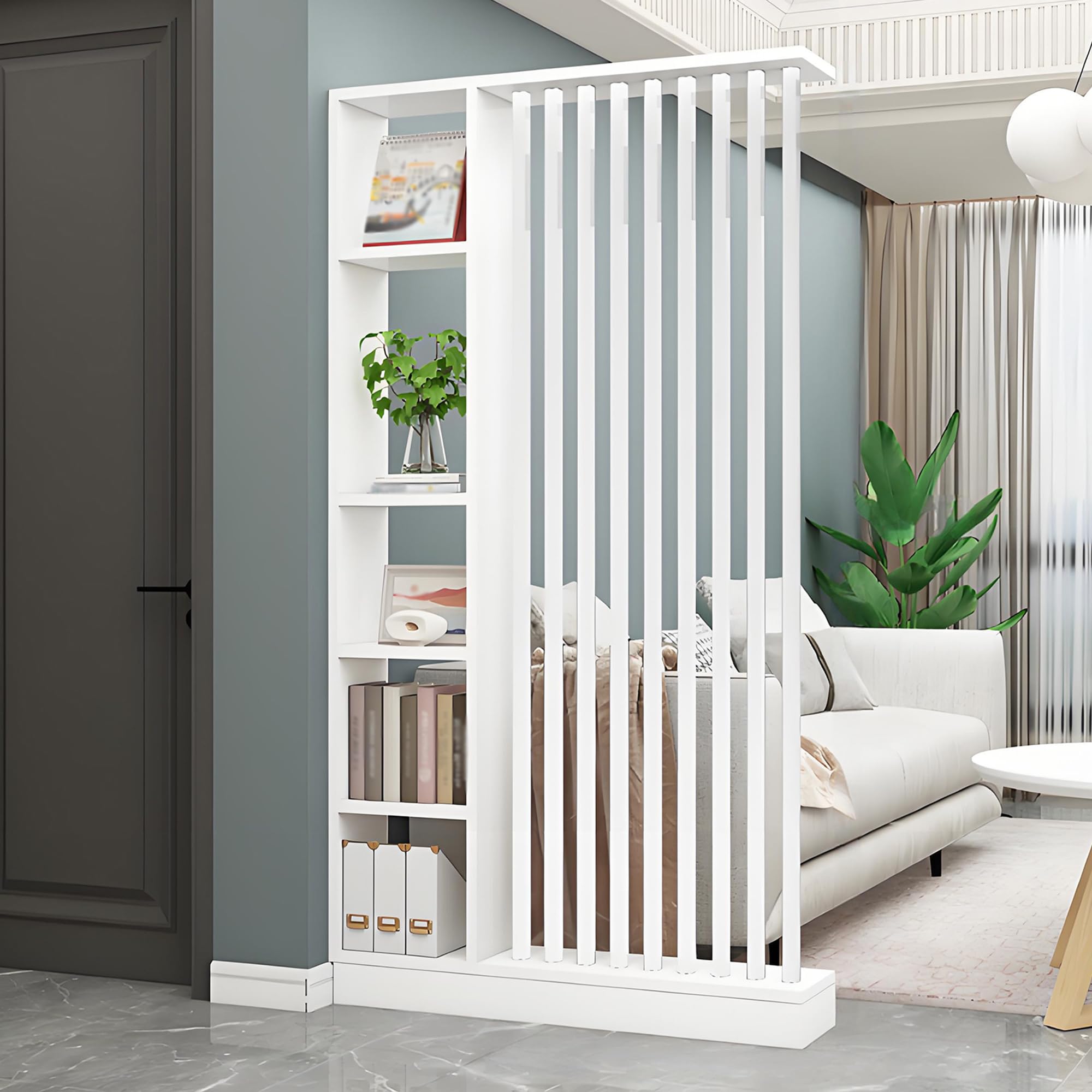 Room Divider with Shelves, Entrance Hall Partition Screen Column Floor to Ceiling - Room Divider with Storage Shelf, Easy Assembly Freestanding Decor for Bedroom, Office (White+White, 120cm / 47.2in)