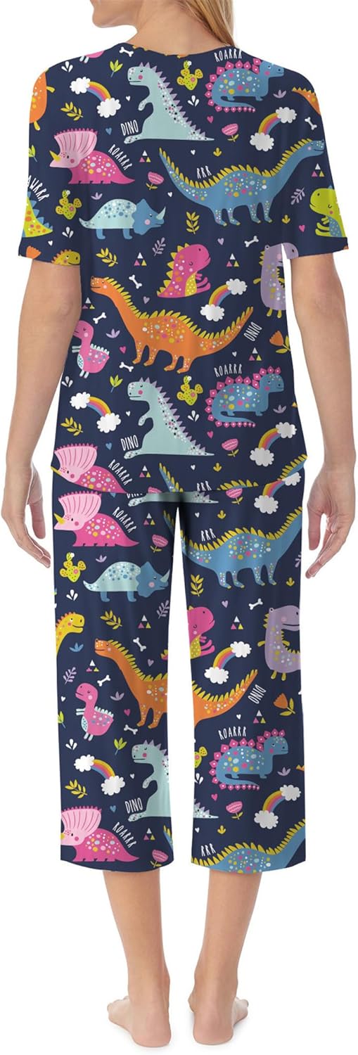 QCIV Womens Pajama Sets V-Neck Short Sleeve Top and Capri Pants with Pockets Sleepwear Set Two Piece PJS - Image 2