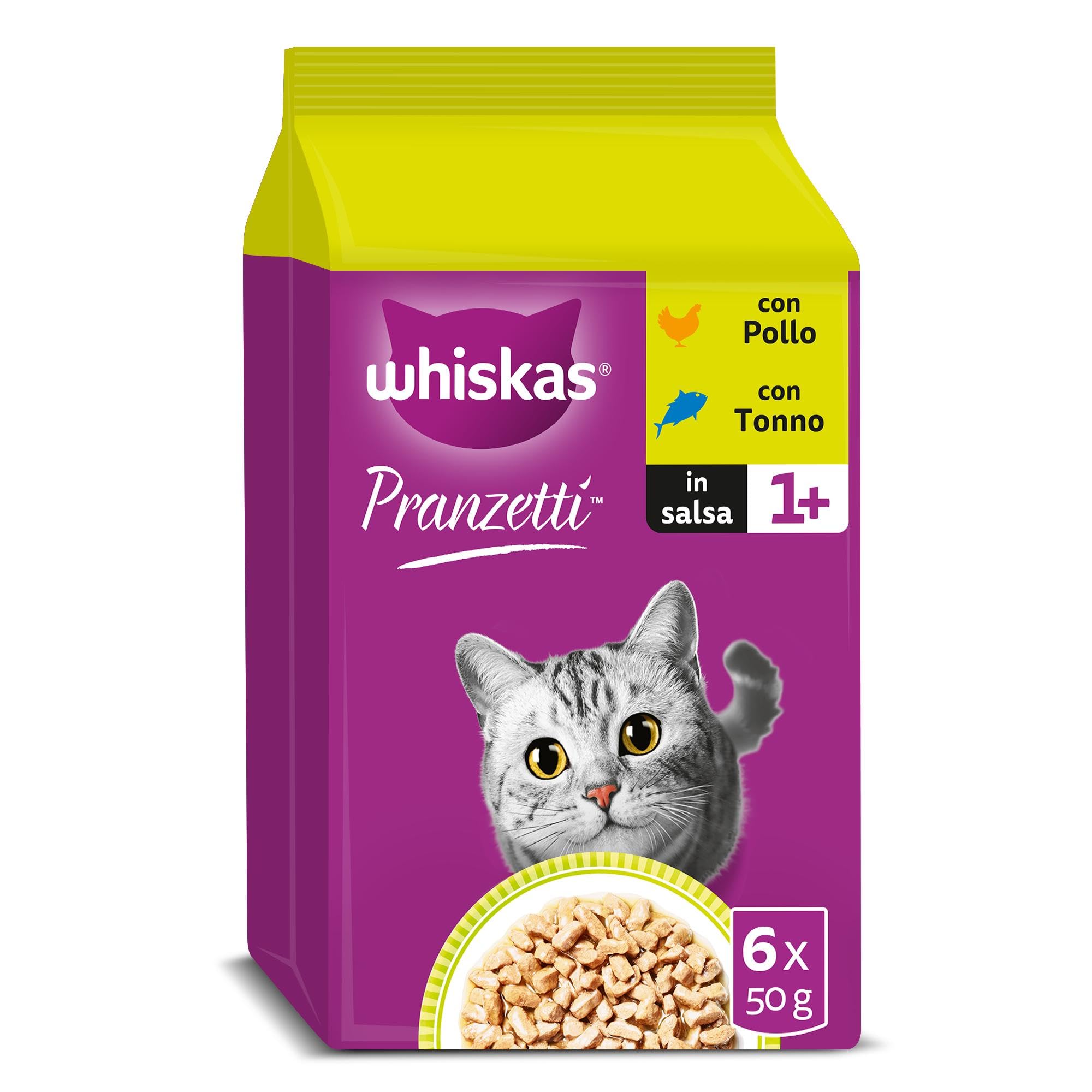 Whiskas Pranzetti Cibo Umido per Gatti Adulti in Salsa, Selezione Carne e Pesce, 12 Confezioni da 6 Vaschette da 50 g, Totale 3.600g