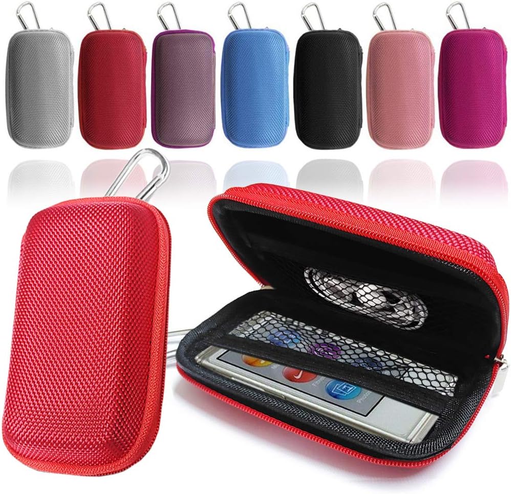 LOVE MY CASE Durable Red MP3 Player Case, Hard Clamshell Case, Earphone Case, Holder with Metal Carabiner Clip for Apple iPod Nano 7th Generation 16GB with Love My Case Cleaning Cloth