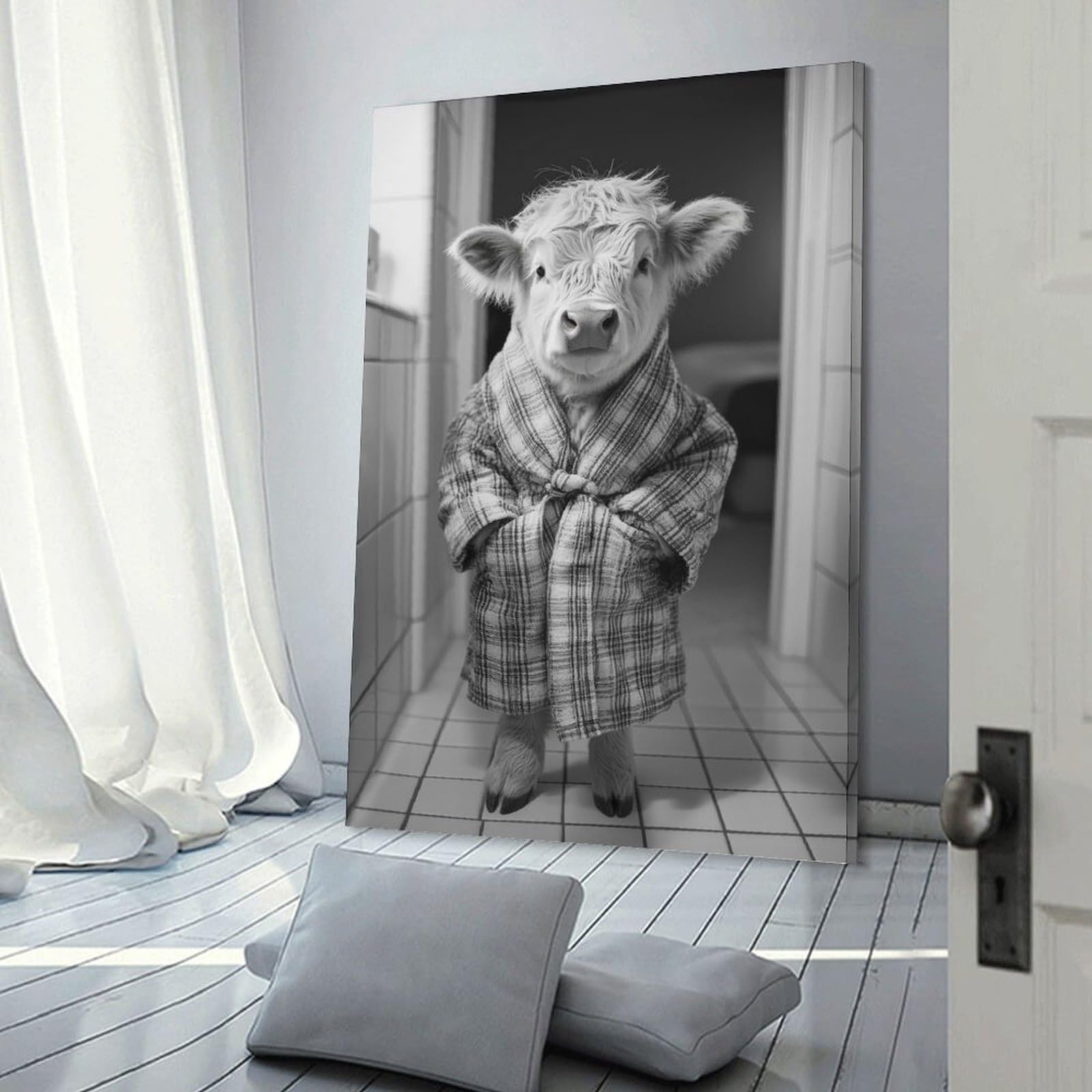 Junmoney Frame-Style-16 Cute Highland Cow In Robe Funny Bathroom Poster Canvas Wall Art, 16X24inch(40X60cm), For Living Room, Bedroom Or Apartment Walls, Decorative Artwork For Empty Walls
