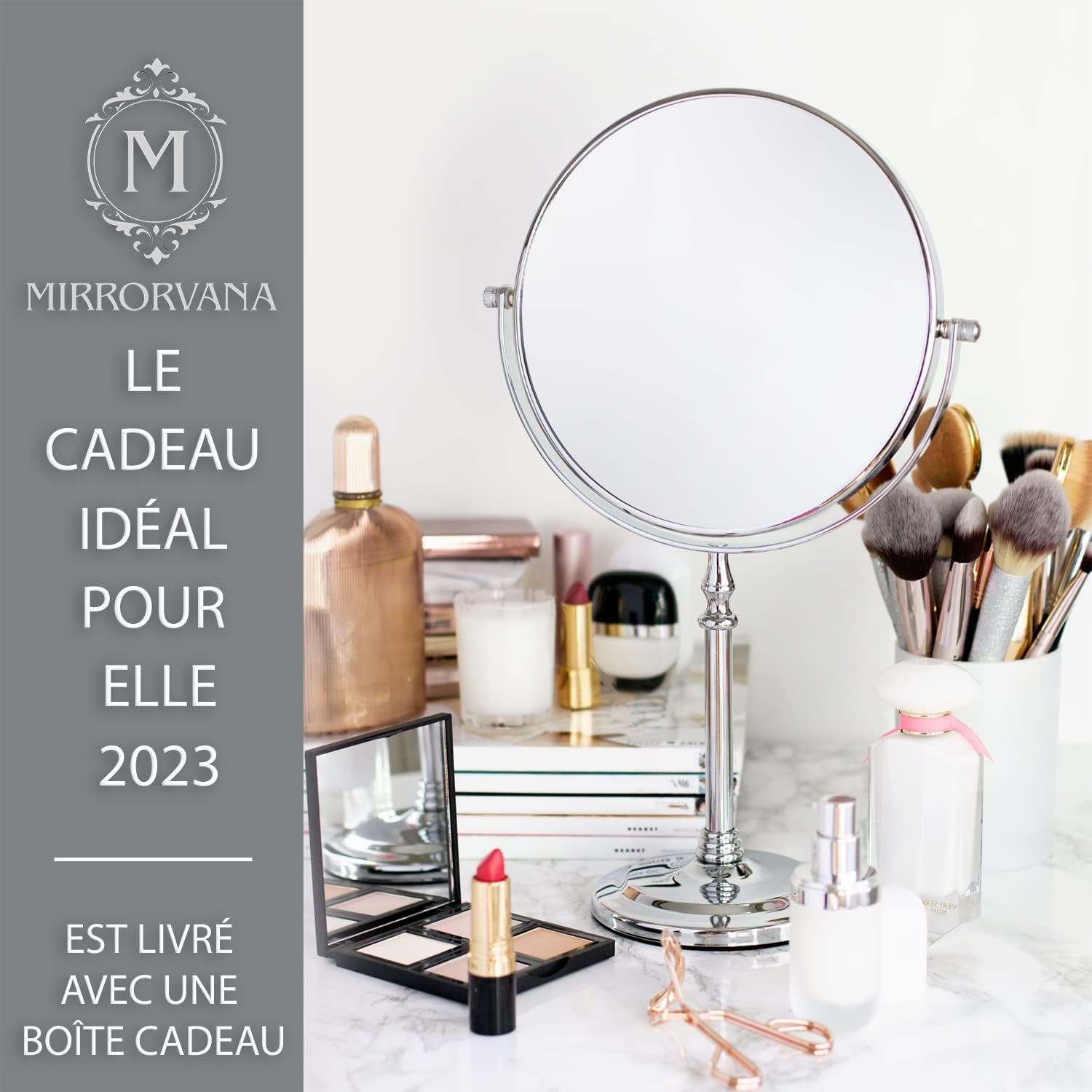 Mirrorvana Miroir grossissant 10x Rond pour Salle de Bain, Miroir de Table pour Maquillage avec Rotation à 360°, Miroir sur Pied 10x et 1x (20 cm)