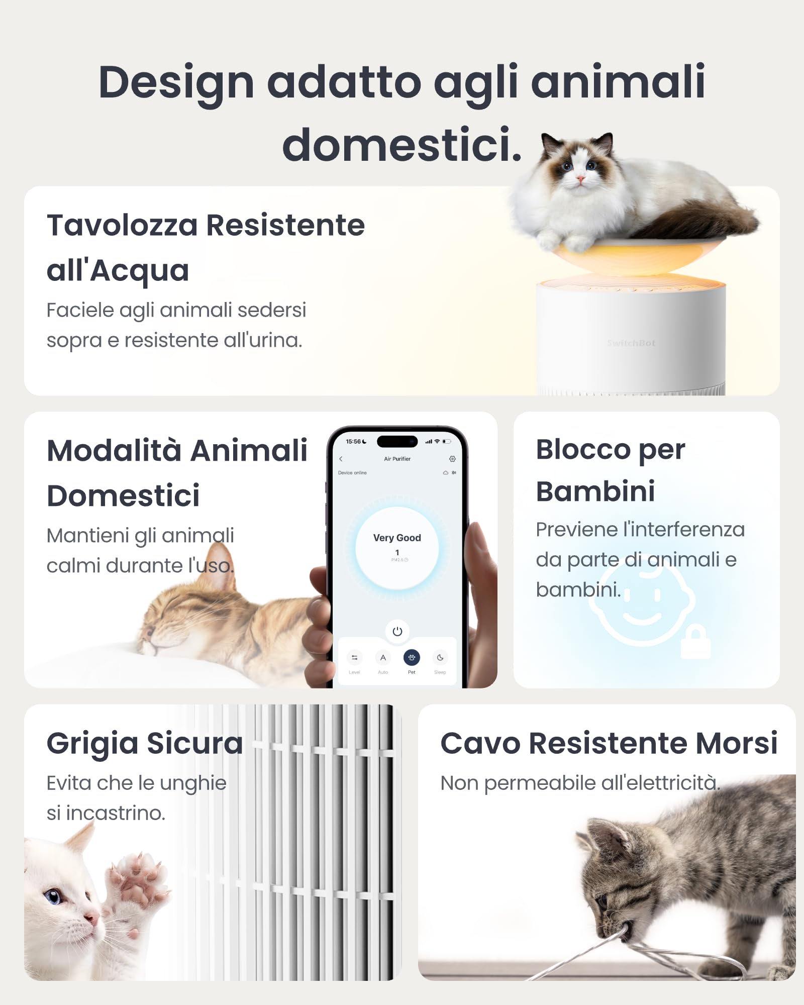 SwitchBot Purificatore D'aria Con App E Luce Notturna, CADR 400m³/h Fino A 83㎡, Filtro HEPA Rimuove 99.97% Di Muffa, Polvere, Polline, Modalità Sonno 20dB (Purificatore d'aria da tavolo)