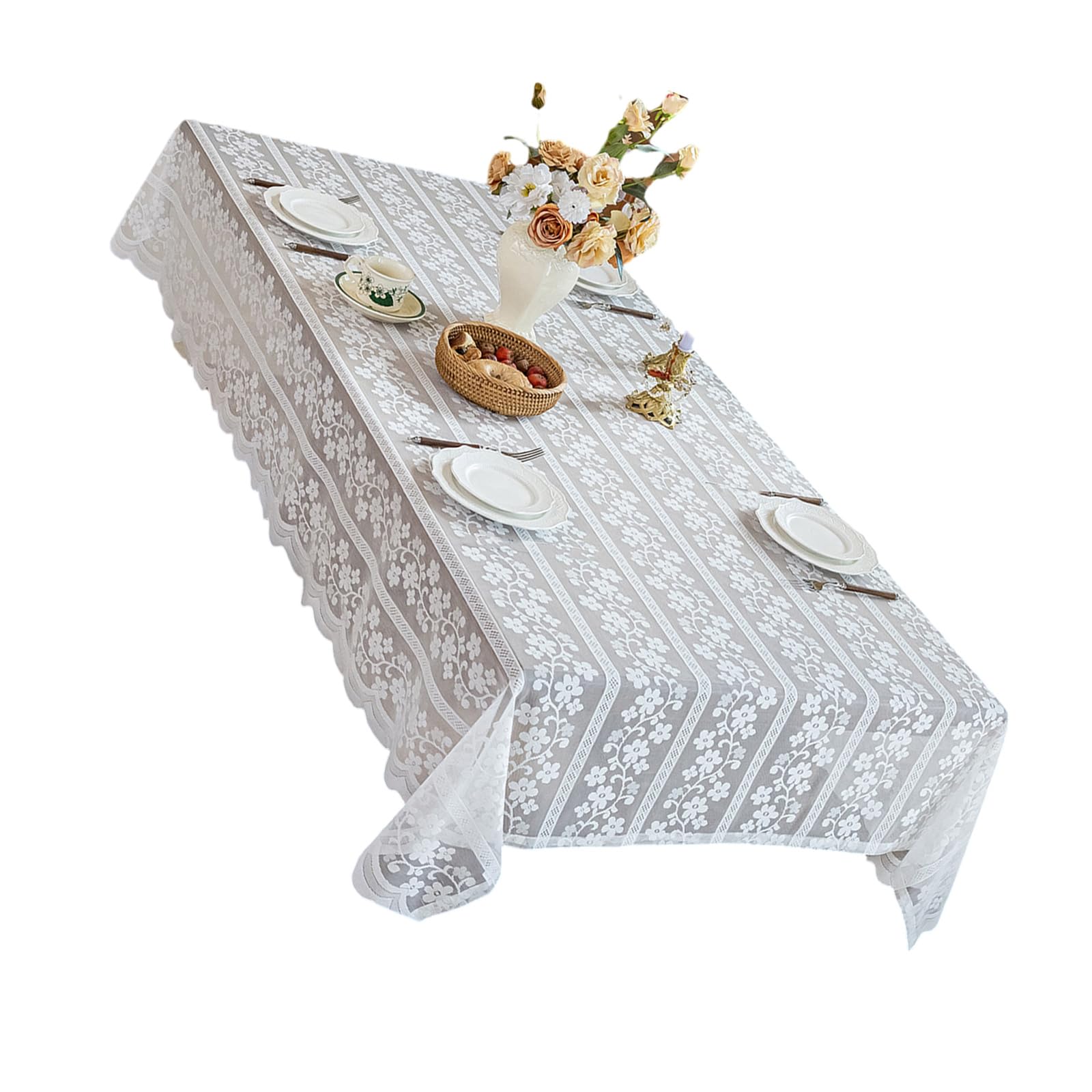 Nucelit Floral Lace Tablecloth Polyester Fabric Scalloped Table Cover Universals for Modern Farmhouses Interior Styling White Floral Lace Tablecloth