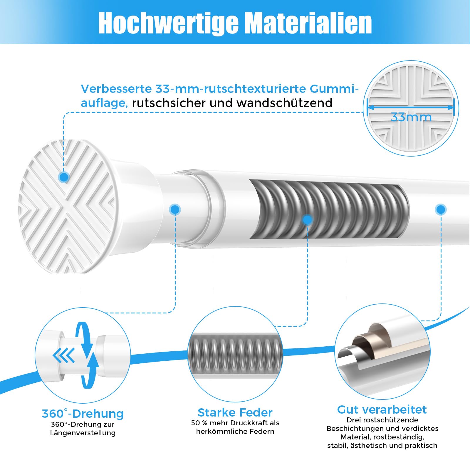2 Stück Gardinenstange ohne Bohren 78‑196 cm, weiße Teleskopstange