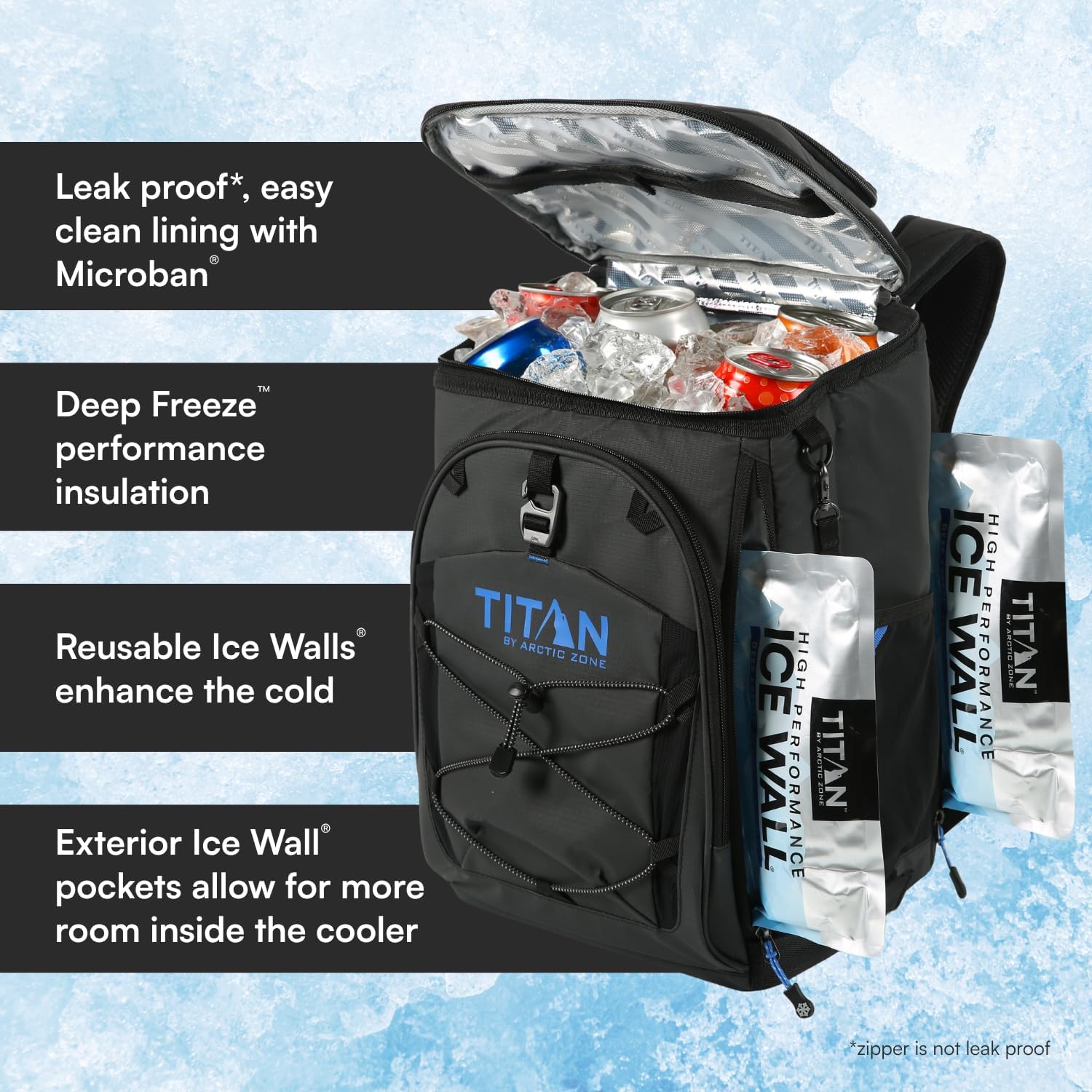 Titan Deep Freeze Ice Wall Backpack Cooler 30 Can Cooler Bag with Ice Packs