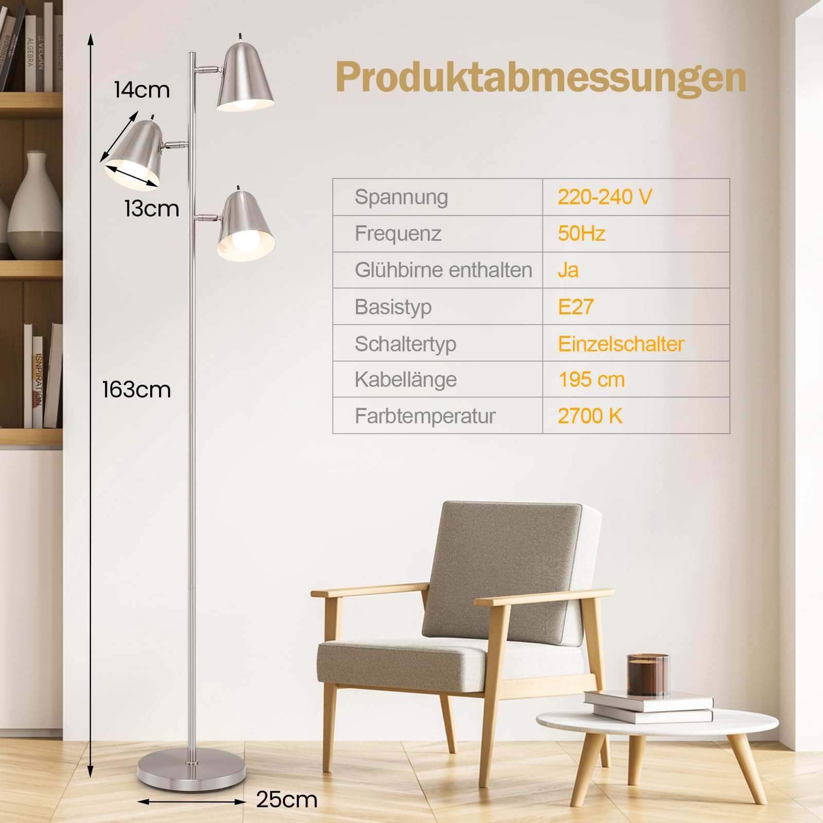 COSTWAY 163cm Stehlampe 3 flammige, Stehleuchte mit 3 E27 Glühbirnen & 360° verstellbaren Lampenschirmen & schwerer Fuß, Lesestehlampe für Wohnzimmer, Schlafzimmer, Büro (Silber)