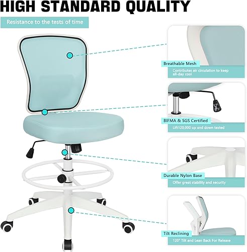 Vista 21 de Silla de dibujo, silla de oficina alta para escritorio de pie, taburete de dibujo con soporte lumbar, altura ajustable y anillo para el pie