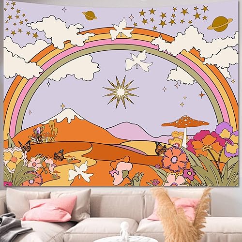 Apdidl Tapiz de pared hippie Groovy para dormitorio, bohemio, pequeño, naranja, Y2K, años 70, retro, lindo, tapices de decoración de habitación para
