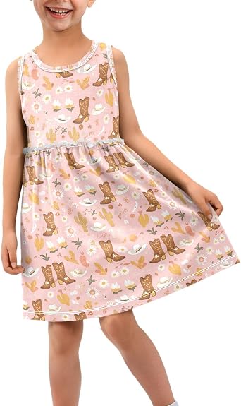 Wusikd Cowboy Boots Girl Sleeveless Tank Dress Cute Crewneck Twirl Swing Dress for Kids 4T