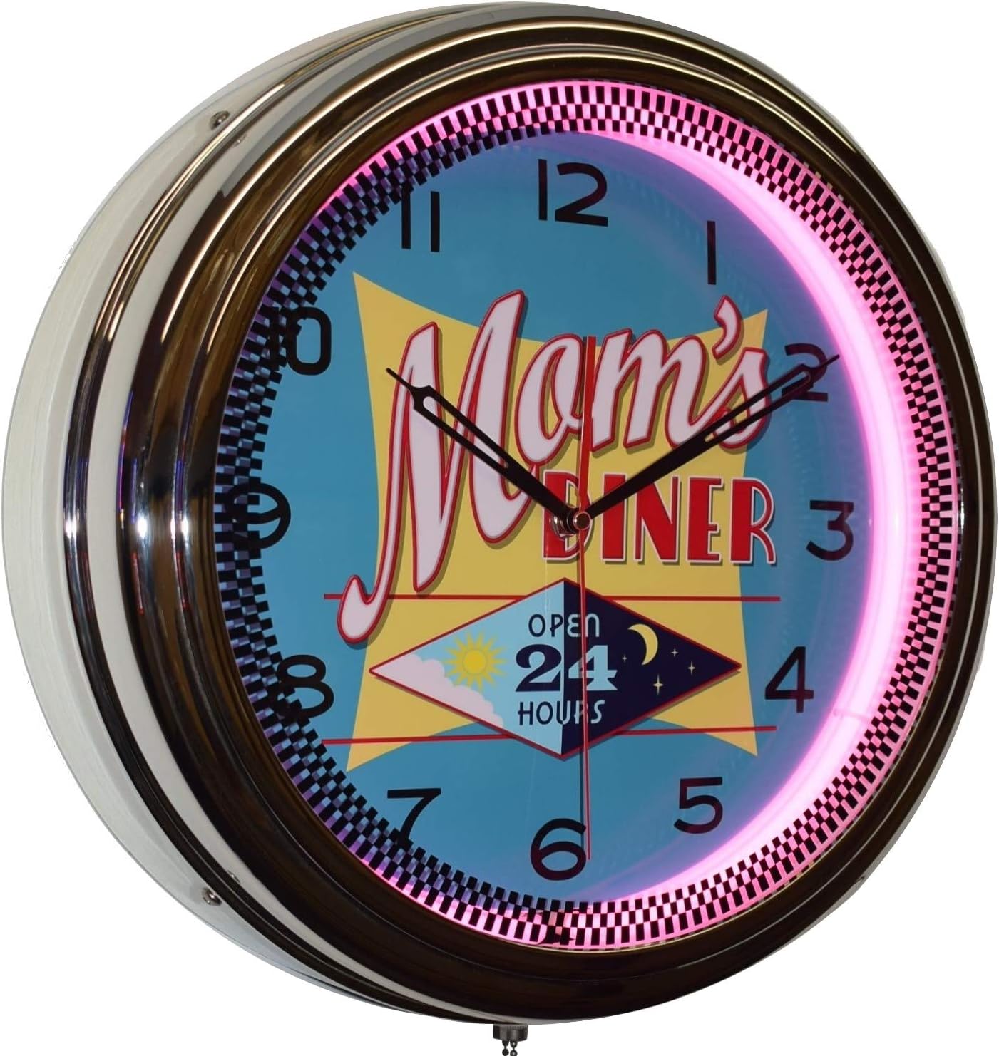 Moms Diner Open 24 Hours Neon Decor Clock, Retro, Vintage Style