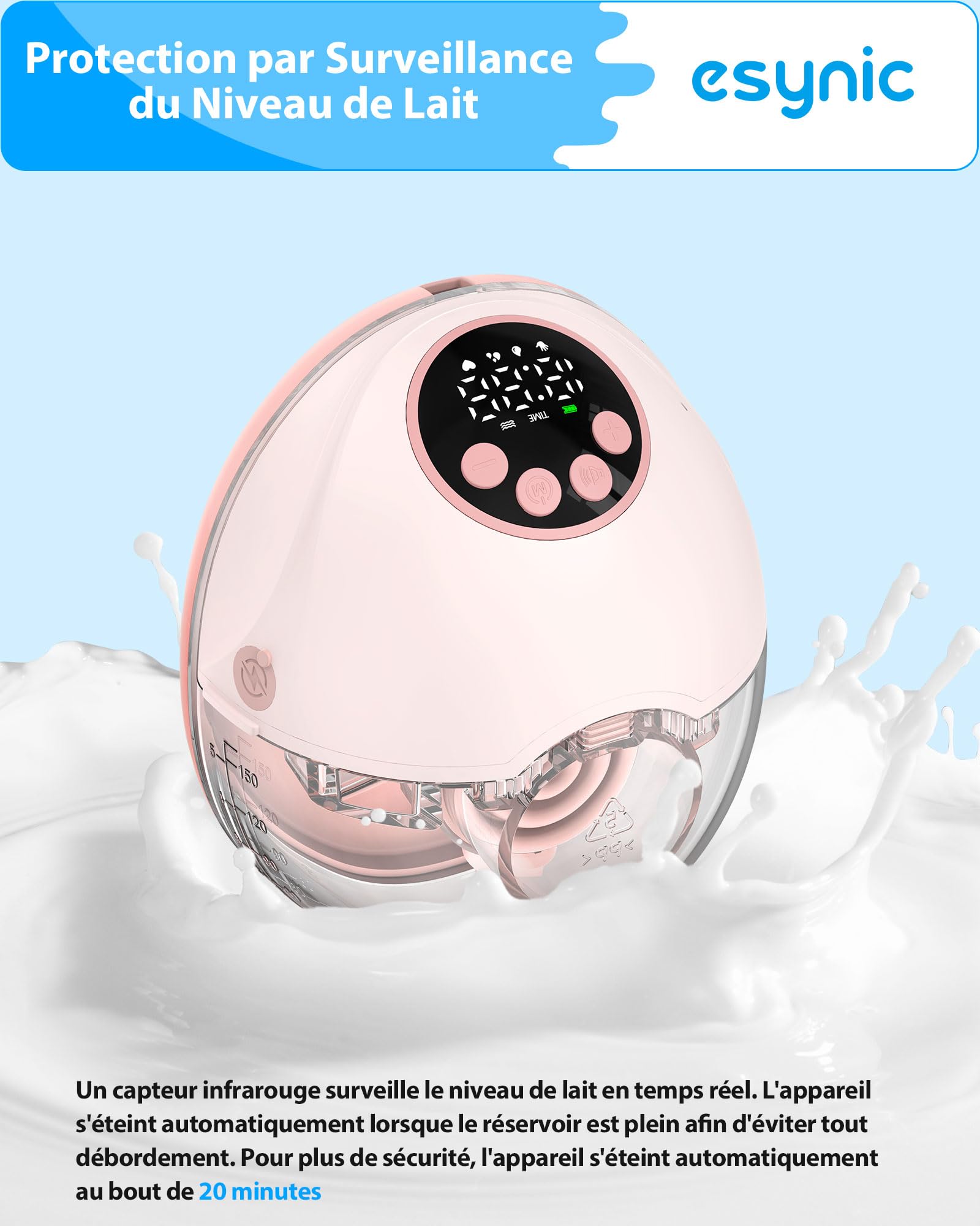 eSynic Tire-lait Électrique Main Libre Portable Diffusion Vocale Détection de Niveau de Lait Anti-éclaboussures 4 Modes 12 Niveaux avec Écran LED Bride 24/21/19mm Pompe Électrique à Lait sans fil-Rose