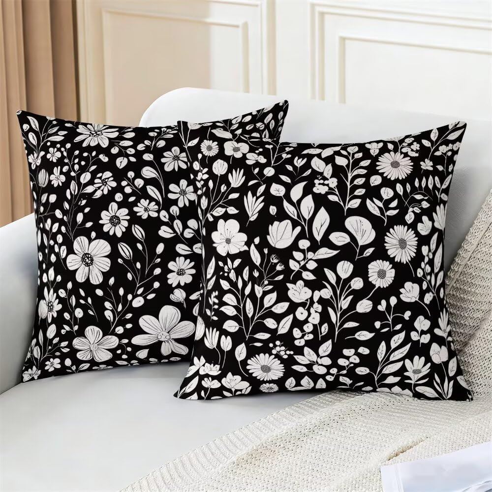 Federe Cuscini da Esterno Impermeabili 65x65 Bianco e Nero Copri Cuscini per Divano Floreale Federa Cuscino Primavera Decorativi Copricuscini per Divano Giardino Patio Soggiorno Set di 2 (IU197)