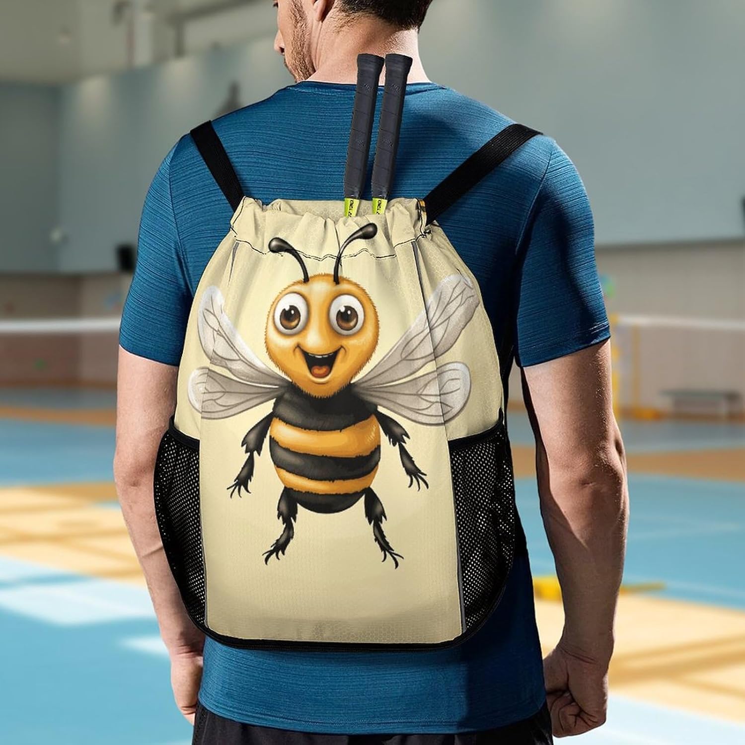 Drawstring Backpack Bags Honey Bee Gym Backpack with Shoe Compartment for Women Men Cinch Sack Sports Backpack with Mesh Pockets