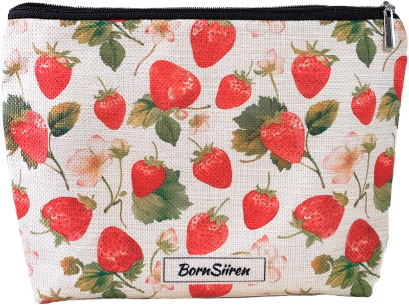 Necessaire de maquiagem BornSiiren com estampa de morango vermelho, zíper e forro, 1 unidade