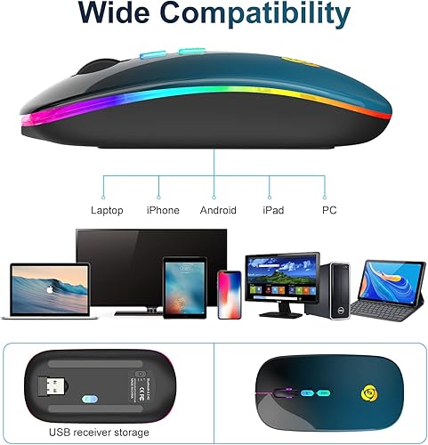 Miniatura 7 de Mouse inalámbrico LED, mouse Bluetooth y conexión instantánea de 2.4 GHz, recargable ultra silencioso delgado, 3 DPI 2 modos de conexión con