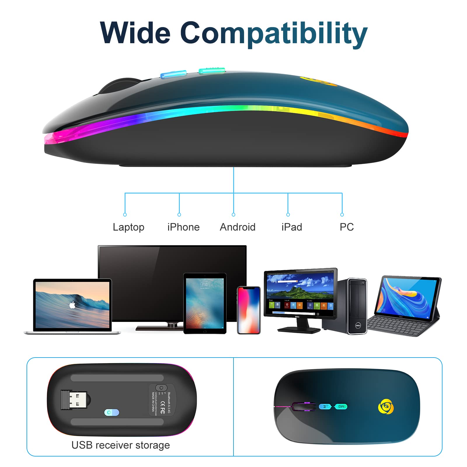 CC Store Mouse Wireless, Wireless Ricevitore USB a 2.4G Tipo C, mouse Bluetooth Ricaricabile, 7 Colori, Sottile 3 DPI 800/1200/1600, Mouse Silenzioso Compatibile con iPad/PC/Mac/Windows