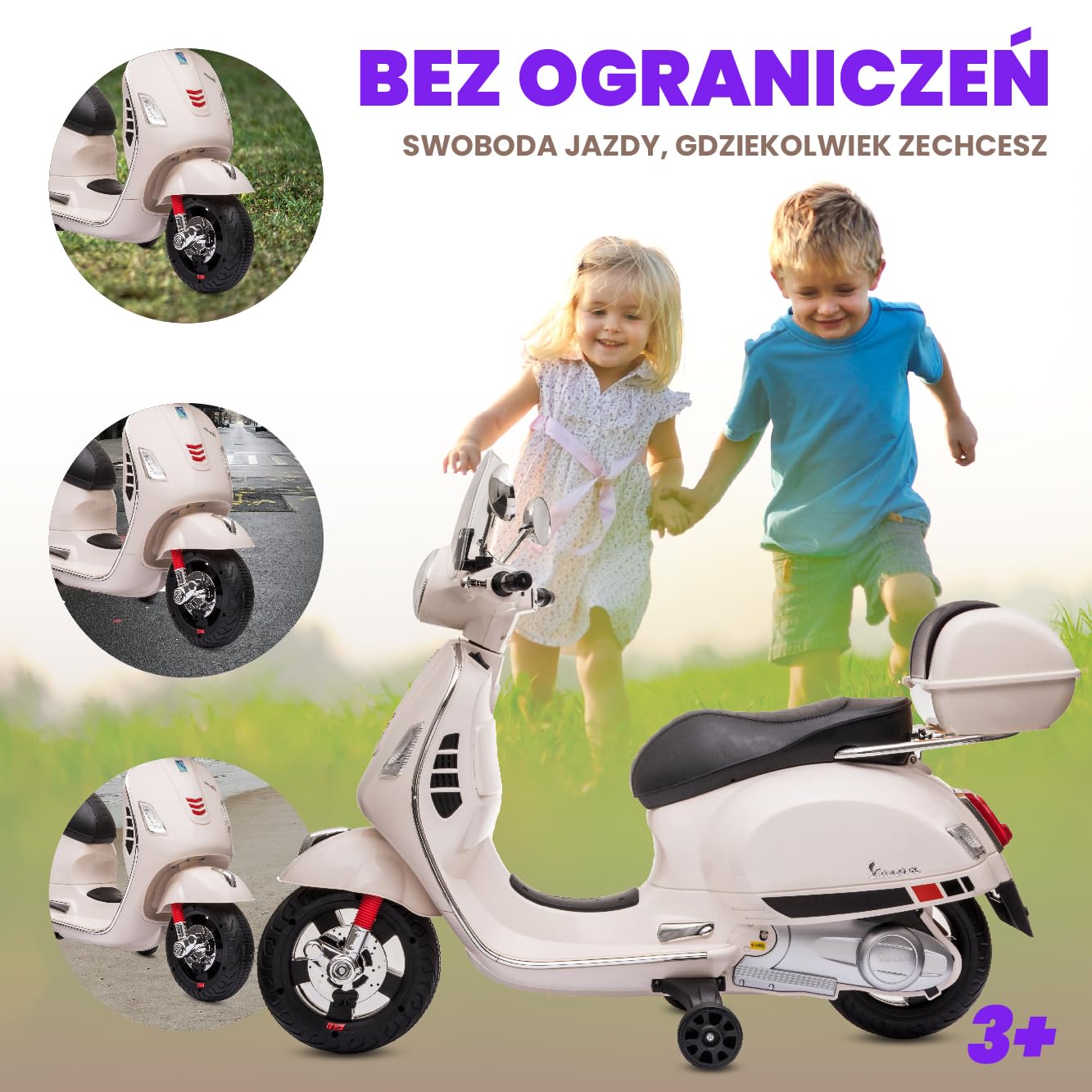 VESPA Elektryczny skuter dla dzieci, jeździk od 3 roku życia, plastikowe koła i siedzisko, kuferek, odtwarzacz MP3, gniazdo USD MicroSD AUX (Biały)