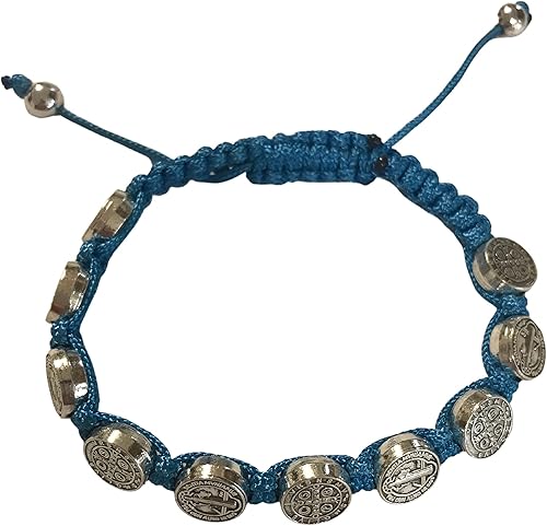 Holy Lines Pulsera de nailon de 10 medallas de San Benito y tarjeta santa turquesa 10 medallas de San Benito pulsera de protección de cordón