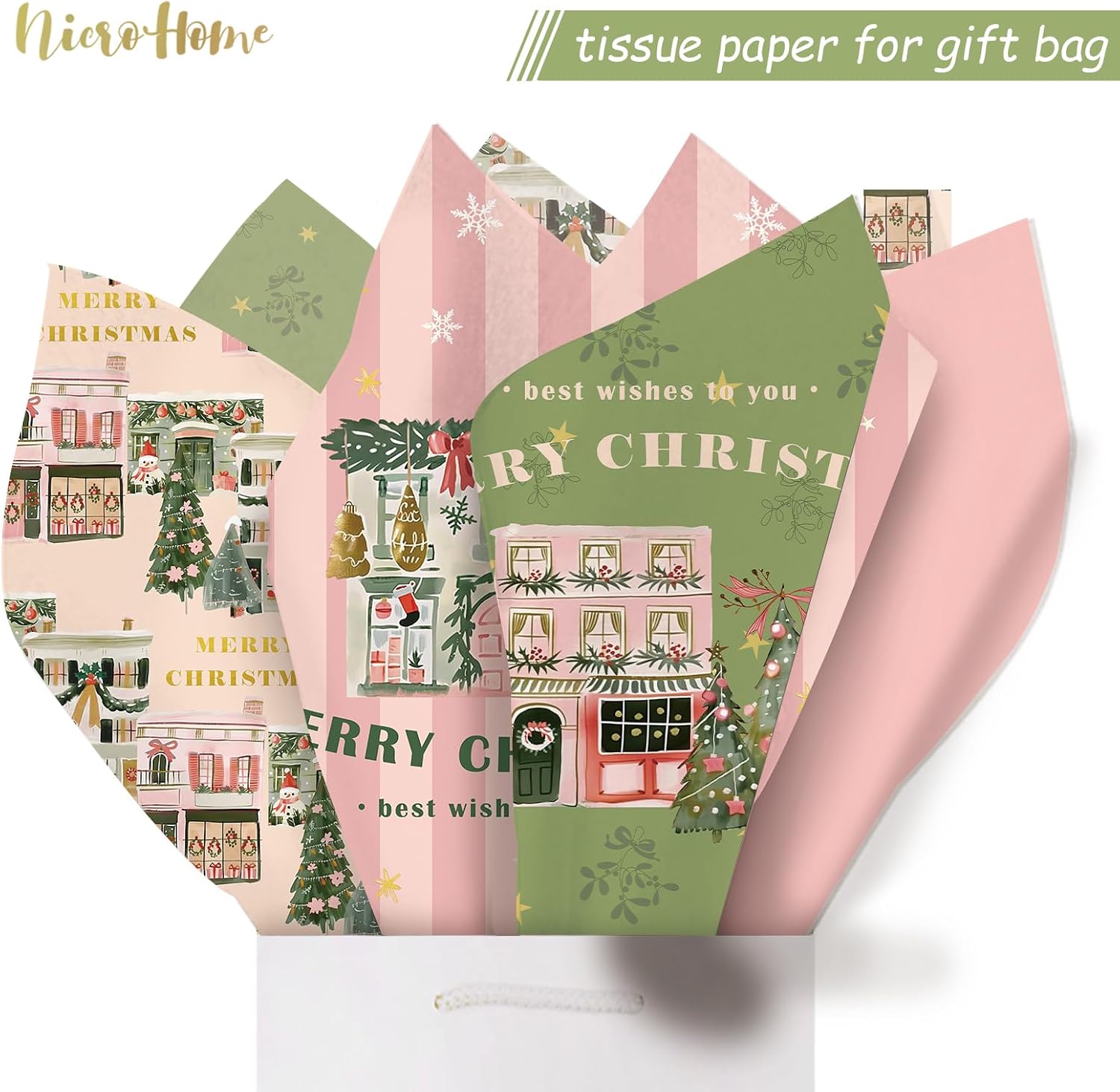 NICROHOME EUR 24 Sheets Christmas Tissue Paper, Sage Green Pink Tissue Wrapping Paper with Christmas Tree House Snowman Socks Pattern, Small Gifts Wrapping Paper for Xmas Crafts Gifts (15 X 20 Inch)