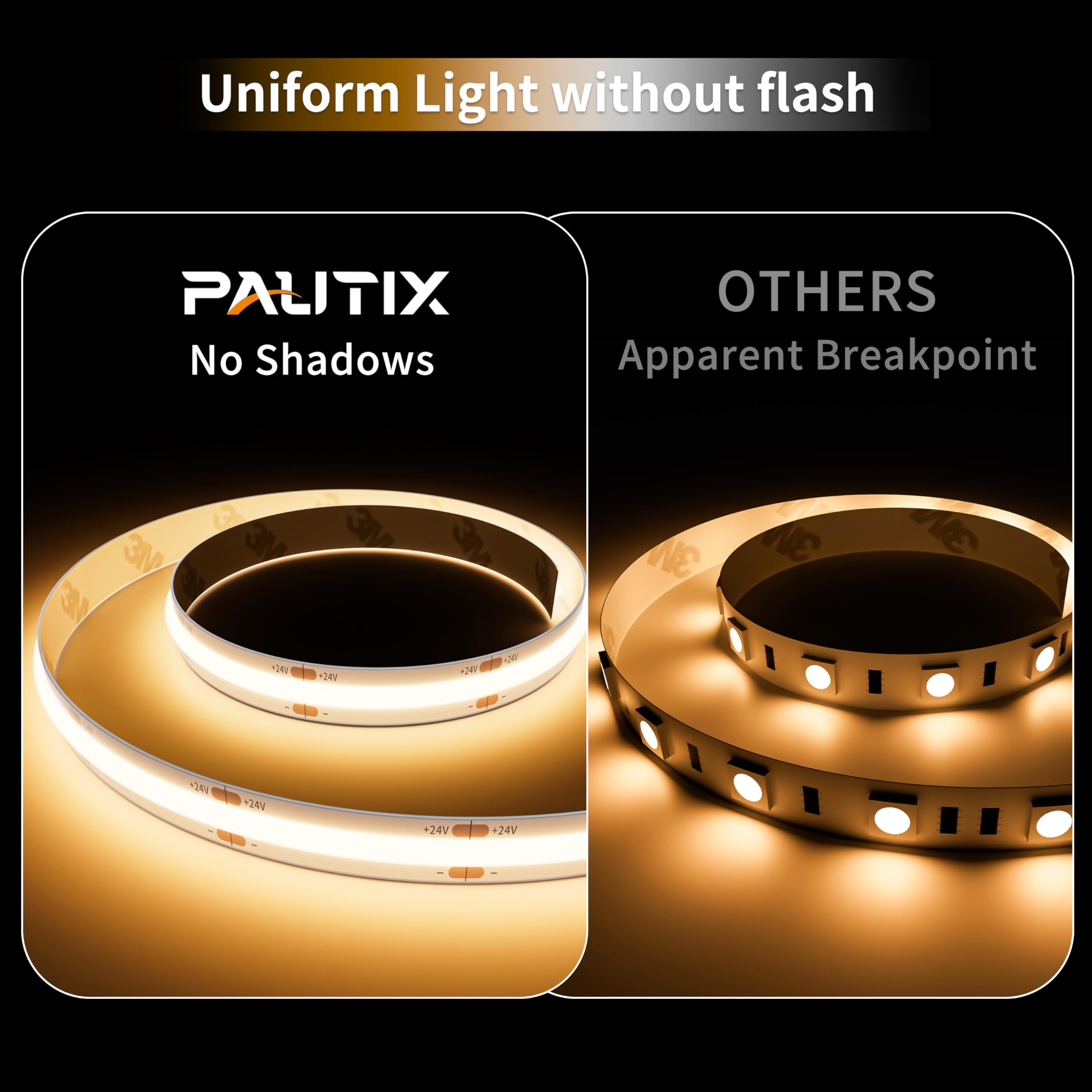 PAUTIX Tira de luz LED COB IP65 impermeable de 32.8 pies / 10 m, 5040 LED, blanco cálido 3000 K, cinta LED CRI90+ flexible de alto lúmenes, súper brillante DC24V, para proyectos de iluminación de