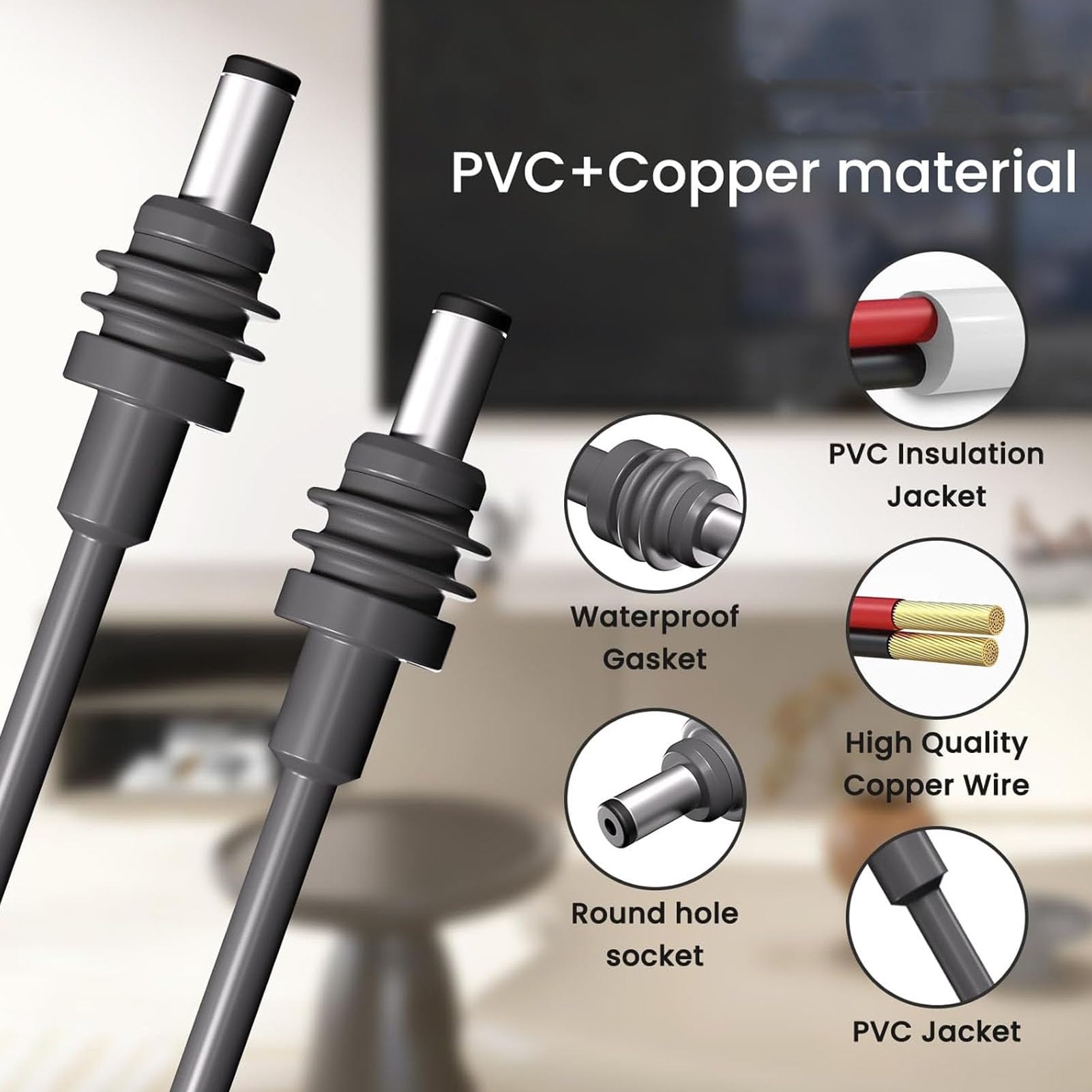 Garsent 18 AWG Satelliten-Ersatzkabel, Gleichstrom-Netzkabel, Plug-and-Play für den Innen- und Außenbereich, Schnelle Datenübertragung, PVC-Kupferkonstruktion mit IP68-Wasserdichtigkeit