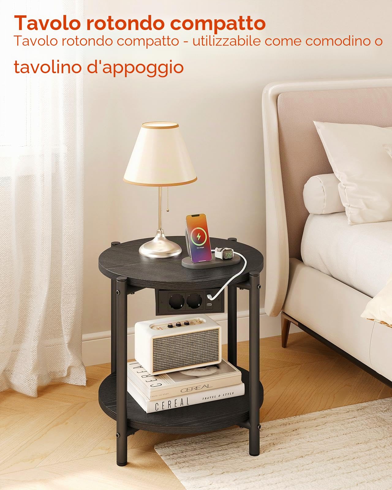 IRONCK Tavolino, Tavolino Rotondo con Multipresa, piccolo tavolino da divano, Tavolino Salotto 2 Ripiani, porta USB e tipo C, Comodino per camera da letto Balcone Patio (Nero, 1 pezzo)