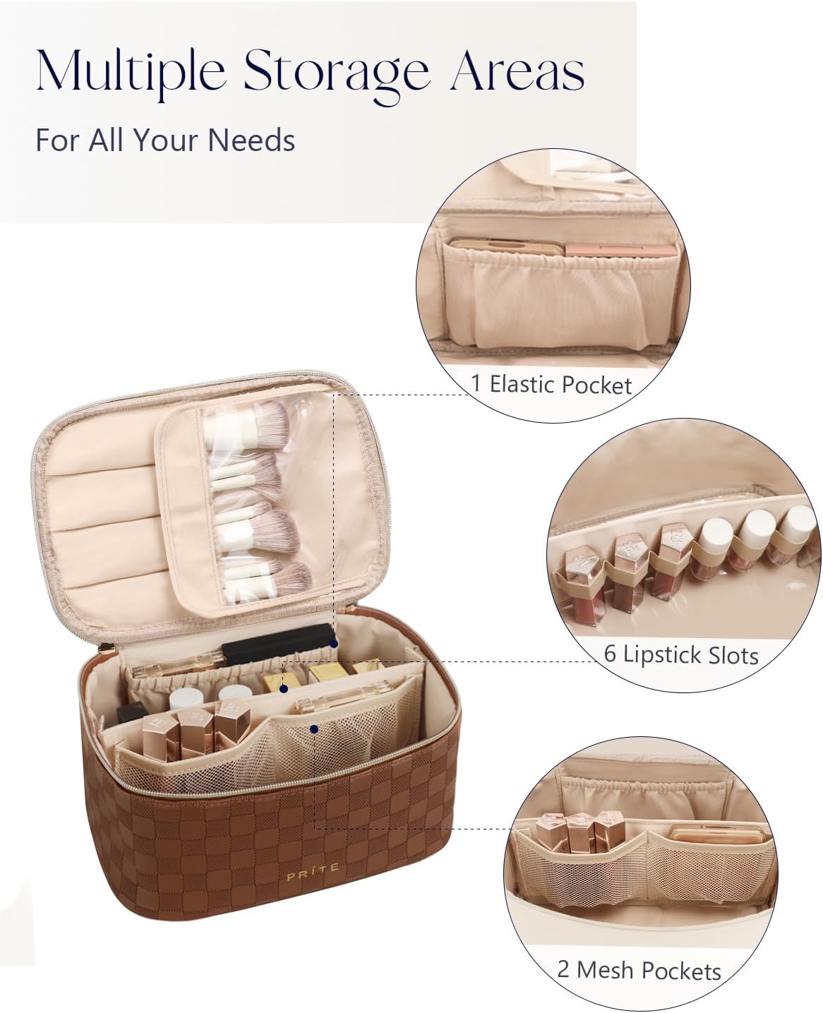 Prite Makeup Bag, Large Capacity Portable Travel Cosmetic Bag, Waterproof Makeup Organizer for Women with Handle and Divider (001 Checkered Brown) - Image 2